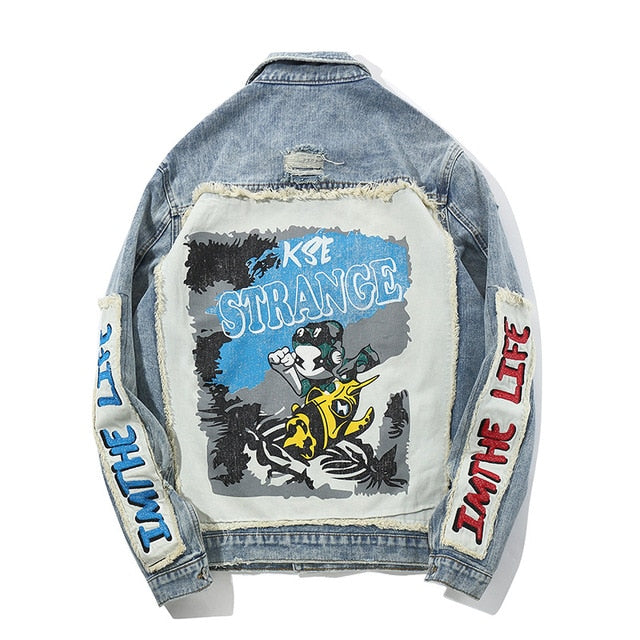 Men's Denim Jackets Hip Hop Oversized Patchwork Ripped