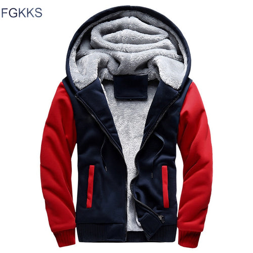 FGKKS Men Hoodie Winter Fashion Brand Men Hooded Sweatshirt Coat Mens Warm Fleece Thick splice Casual Hoodie