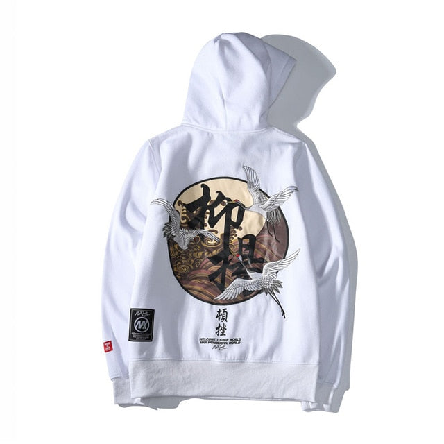 GONTHWID Embroidery Japanese Cranes Pullover Hoodies Men 2019 Winter Hip Hop Male Casual Hooded Sweatshirts Streetwear