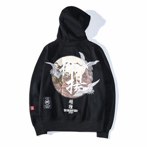 GONTHWID Embroidery Japanese Cranes Pullover Hoodies Men 2019 Winter Hip Hop Male Casual Hooded Sweatshirts Streetwear