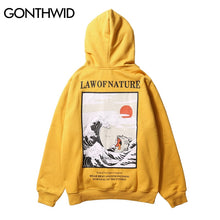 Load image into Gallery viewer, GONTHWID Japanese Embroidery Funny Cat Wave Printed Fleece Hoodies 2019 Winter Japan Style Hip Hop Casual Sweatshirts Streetwear