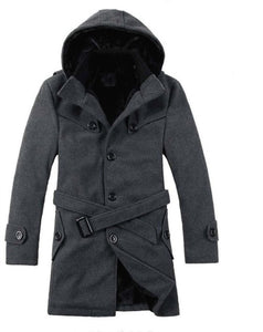 M-6XL new autumn and winter men's thicken warm fleece lined wool blends pea coat hoodie button single breasted overcoat