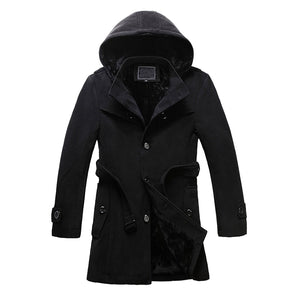 M-6XL new autumn and winter men's thicken warm fleece lined wool blends pea coat hoodie button single breasted overcoat