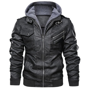 Men's Casual Winter Warm Leather Biker Jackets And Coats With Hood Fleece Lined PU Outerwear Thick Thermal Overcoat