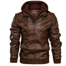 Load image into Gallery viewer, Men&#39;s Casual Winter Warm Leather Biker Jackets And Coats With Hood Fleece Lined PU Outerwear Thick Thermal Overcoat