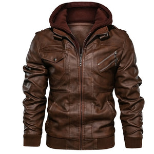 Men's Casual Winter Warm Leather Biker Jackets And Coats With Hood Fleece Lined PU Outerwear Thick Thermal Overcoat