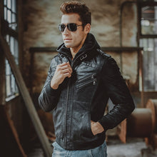 Load image into Gallery viewer, Men&#39;s Real Leather Jacket Men Motorcycle Removable Hood winter coat Men Warm Genuine Leather Jackets