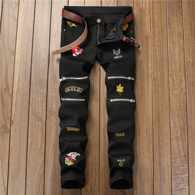 New Fashion Men's Camouflage Biker Jeans Pants With Multi Zipper Designer Pleated Motorcycle Denim Trousers With Patchs