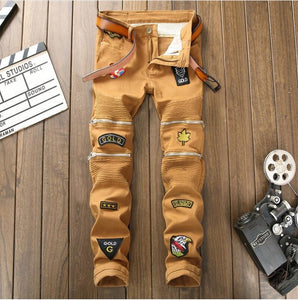 New Fashion Men's Camouflage Biker Jeans Pants With Multi Zipper Designer Pleated Motorcycle Denim Trousers With Patchs