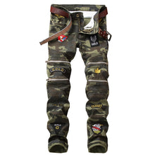 Load image into Gallery viewer, New Fashion Men&#39;s Camouflage Biker Jeans Pants With Multi Zipper Designer Pleated Motorcycle Denim Trousers With Patchs