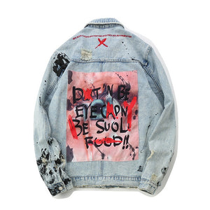 Tide Brand Mens Graffiti Denim Distressed Punk Rock Jeans Coats Outwear